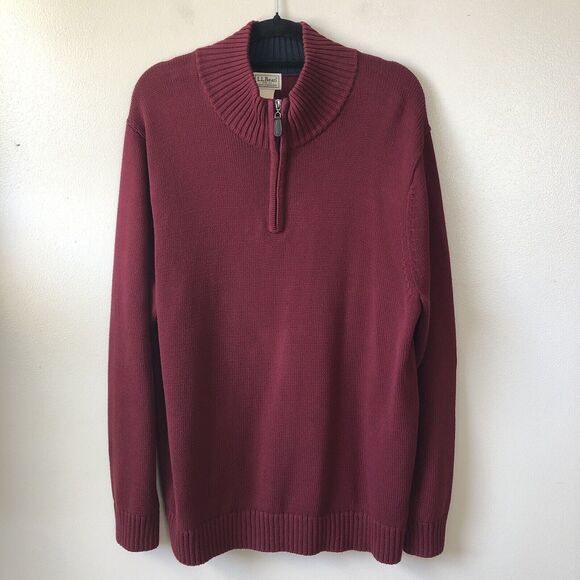 LL Bean Sweater Mens XL Maroon Mock Neck Quarter Zip Cotton Grandpa Cabin Preppy
